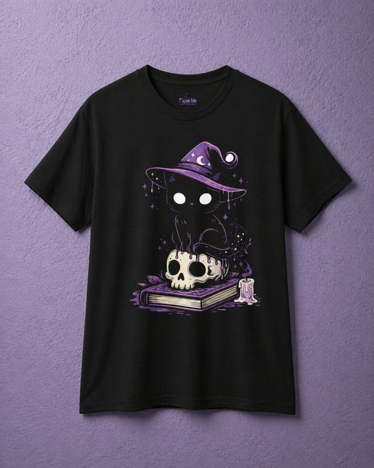 Black witchy t shirt with cute witch shirt design of black cat sitting on skull and spell book