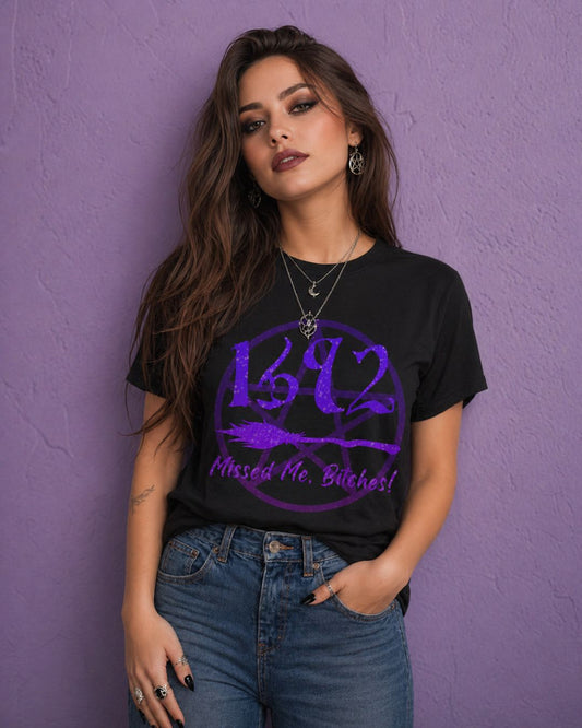 Woman wearing black salem witch shirt with 1692 design and spooky witch shirt aesthetic