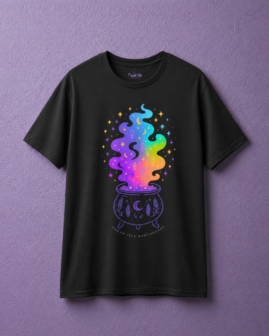 Black witchy t shirt featuring colorful cauldron witch shirt design with mystical smoke and stars