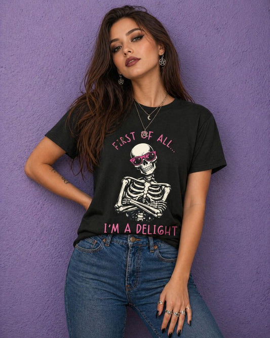 Woman wearing black witchy t shirt with funny witch shirt skeleton design and pink text spooky cute shirt style