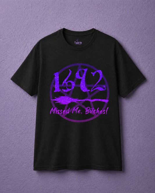 Black witchy t shirt featuring salem witch shirt design with 1692 graphic and broom illustration