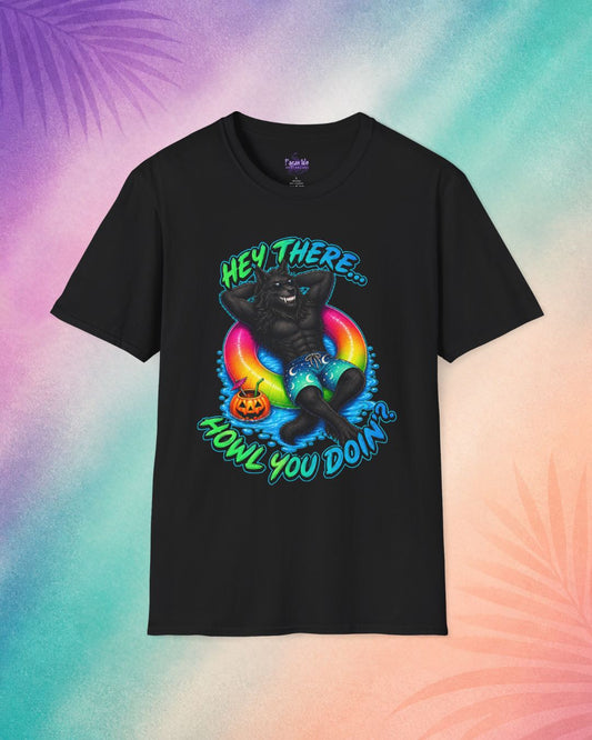 black hey there howl you doin summerween shirt funny halloween shirts for adults werewolf pool float spooky t shirt design