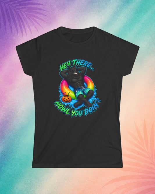 Black Halloween t shirt with werewolf in pool float design funny spooky summerween shirt for adults