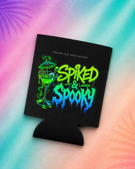 Summerween aesthetic drink koozie with spooky cocktail and neon green “Spiked and Spooky” text, halloween koozie design