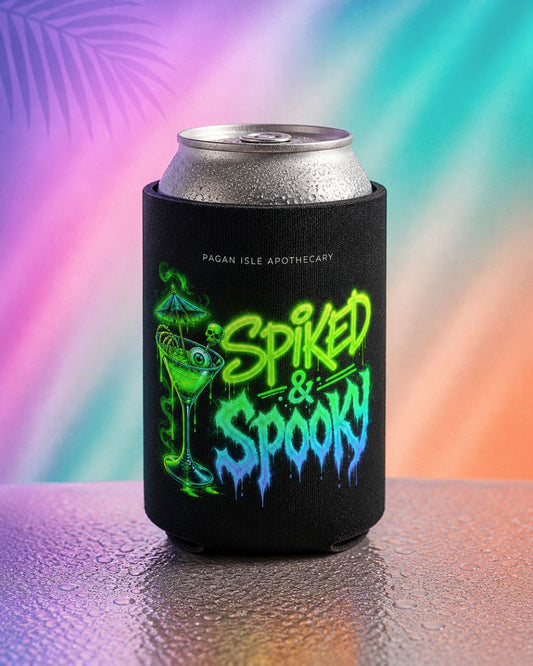 Summerween beer can cooler with “Spiked and Spooky” neon cocktail design, halloween koozie for spooky summer drinks