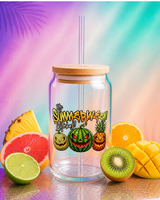 Summerween glass sipper cup with fruit jack o lantern design, 16 oz glass tumbler with straw, spooky summer aesthetic