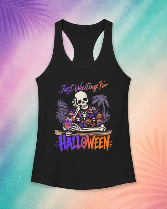 Black Halloween tank top with skeleton drinking cocktail design funny summerween shirt for women