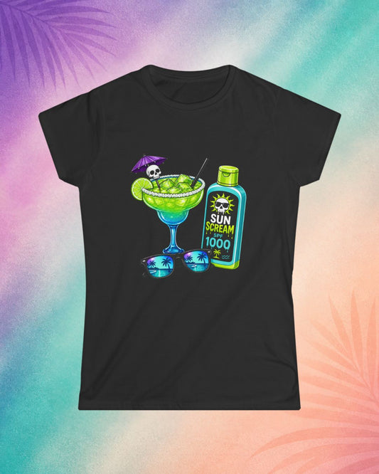 Black Halloween shirt with margarita skull drink and sunscreen design summerween aesthetic clothing