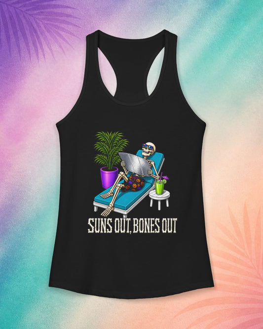 Black Halloween tank top with skeleton sunbathing graphic suns out bones out funny spooky summer shirt