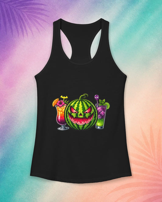 Black summerween tank top with watermelon jack o lantern and tropical cocktail Halloween design