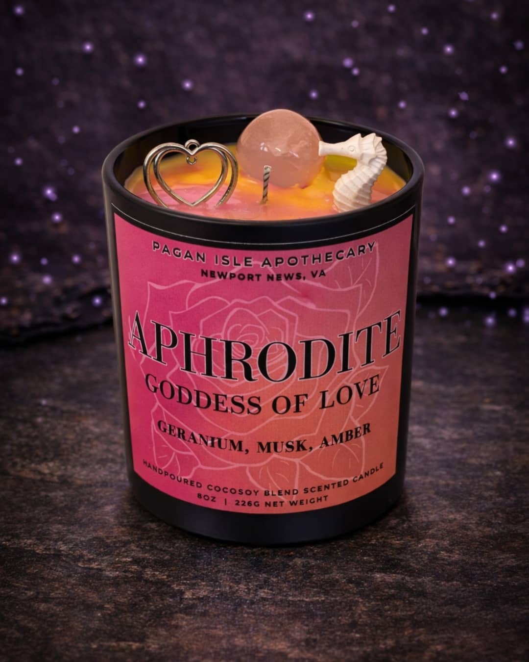 Aphrodite deity crystal candle adorned with crystals and romantic tones, inspired by the goddess of love, beauty, and desire for altar rituals and intention work.