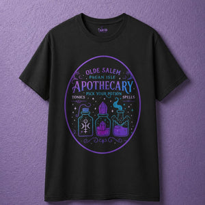 Black witchy t shirt with apothecary shirt design showing potion bottles and magical symbols