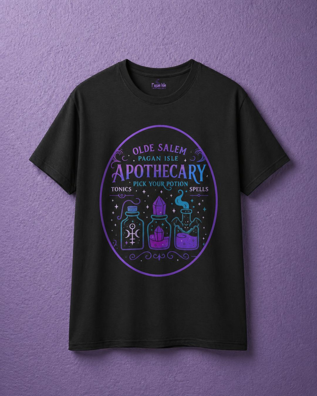 Black witchy t shirt with apothecary shirt design showing potion bottles and magical symbols