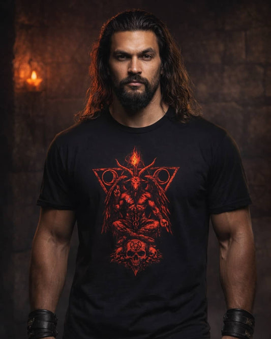 Model wearing the black Baphomet occult t-shirt featuring a bold occult illustration in a dark, moody studio setting.