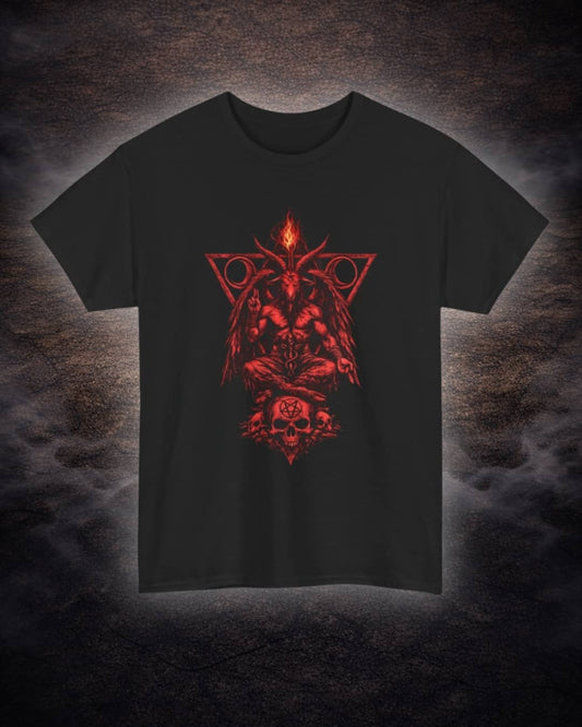 Flat lay of the black Baphomet occult t-shirt highlighting the intricate occult graphic on a dark background.