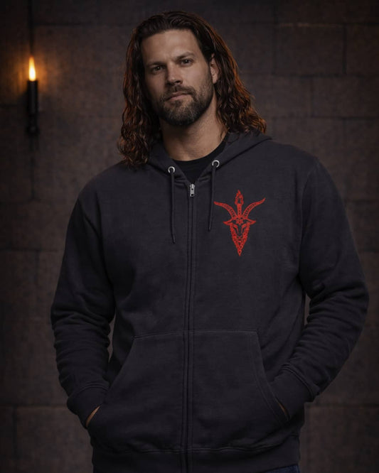 Model wearing the grey Baphomet Sigil hoodie shown from the front, highlighting the occult sigil artwork with a dark magical aesthetic.
