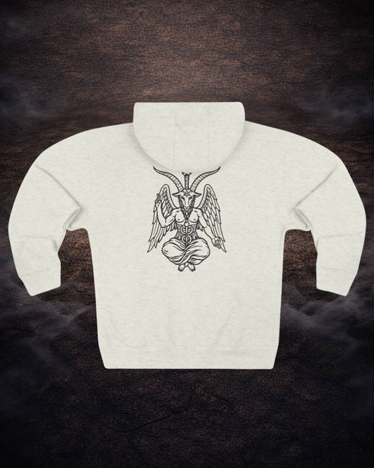 Back flat lay of the white Baphomet Sigil hoodie displaying the bold occult sigil artwork with a clean, high-contrast look.