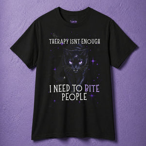 Black witchy t shirt featuring black cat shirt design with funny gothic text and purple mystical details