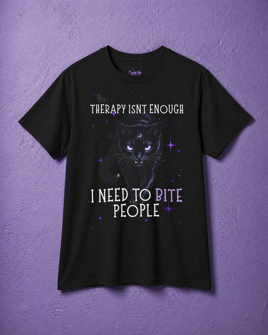 Black witchy t shirt featuring black cat shirt design with funny gothic text and purple mystical details
