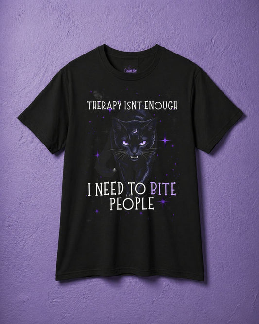 Black witchy t shirt featuring black cat shirt design with funny gothic text and purple mystical details