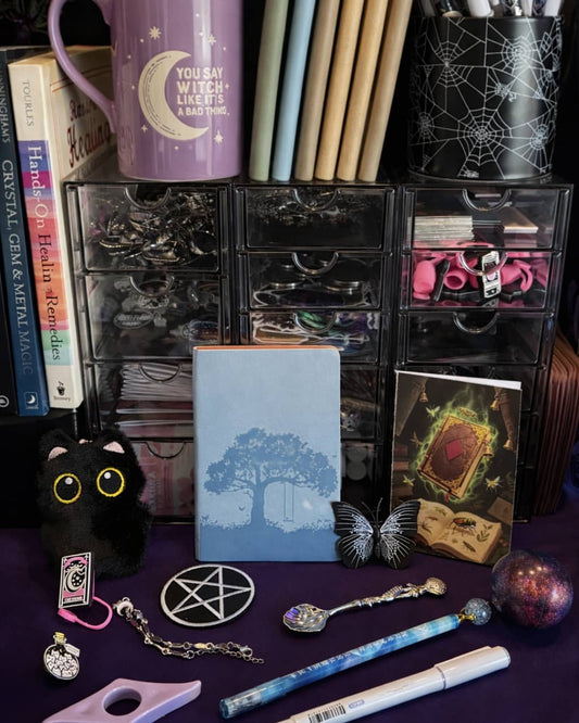 Bookish bundles featuring curated witchy items inspired by books and reading rituals, including candles and magical accessories, styled together for cozy, literary-themed gifting.