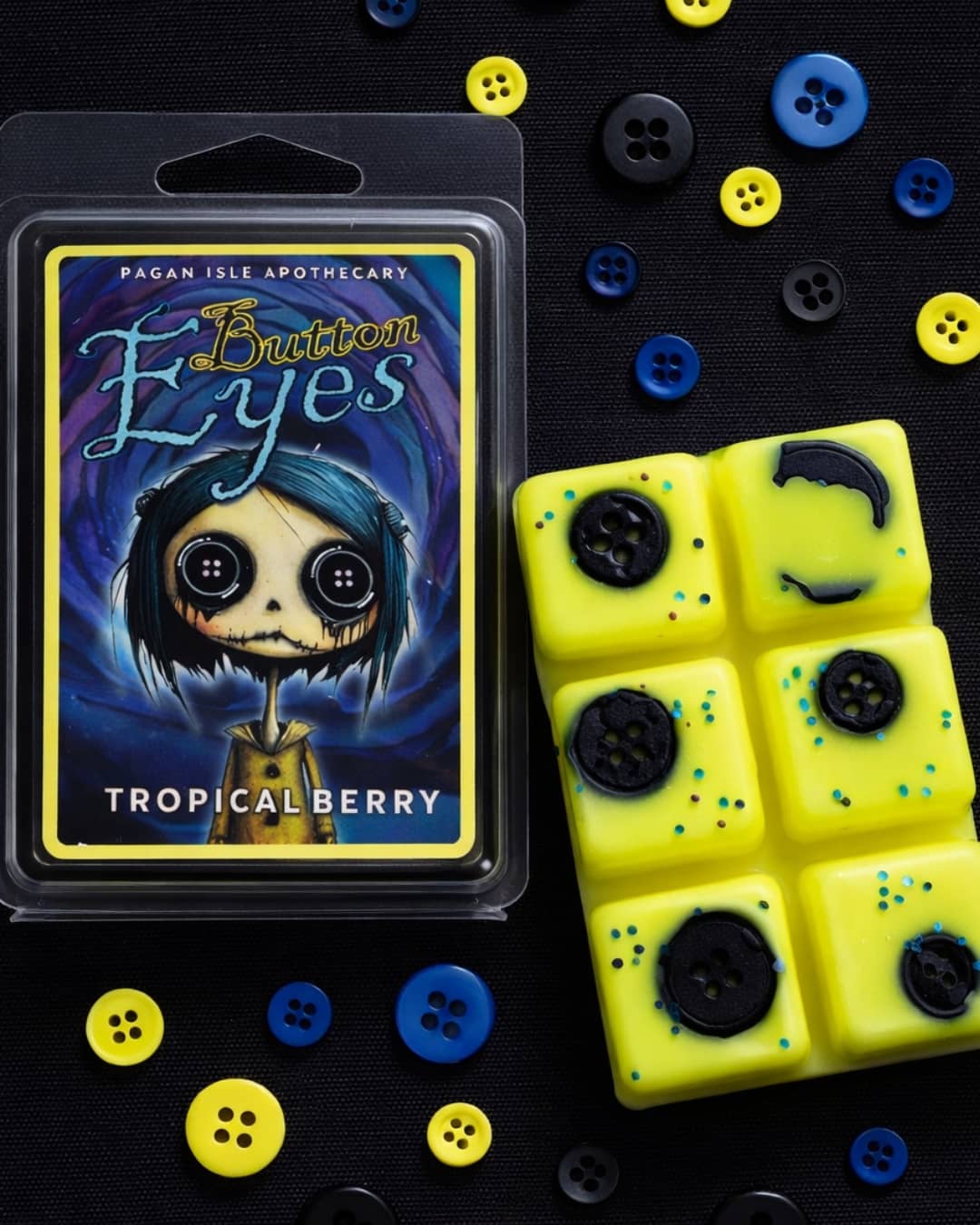 Button Eyes wax melt inspired by spooky cute aesthetics and gothic decor