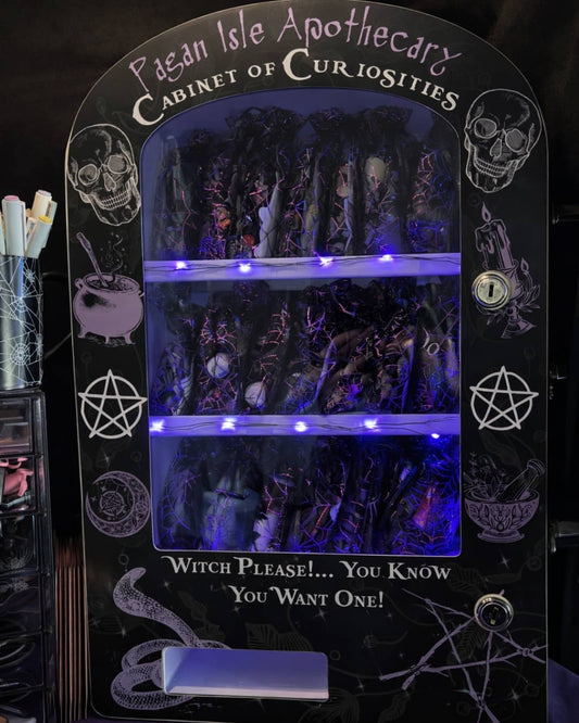 Cabinet of Curiosities featuring a curated assortment of mystical objects, crystals, and apothecary-inspired items, arranged in a dark, enchanted display for magical decor and discovery.