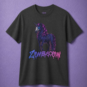 Dark heather spooky shirt with creepy unicorn Zombiecorn design in bold gothic colors