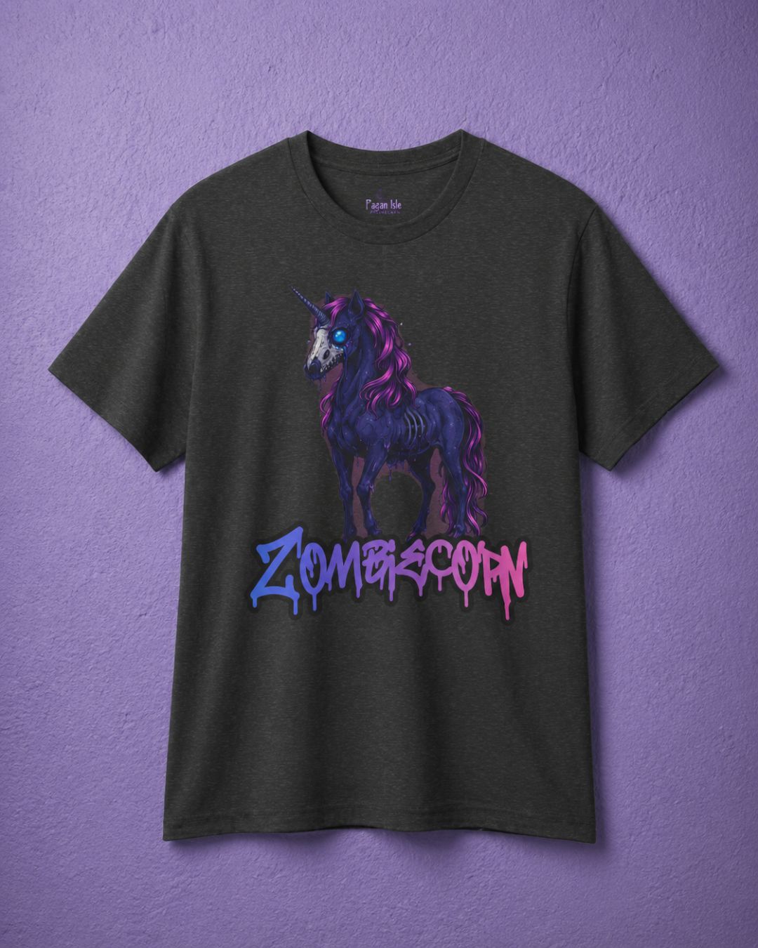 Dark heather spooky shirt with creepy unicorn Zombiecorn design in bold gothic colors