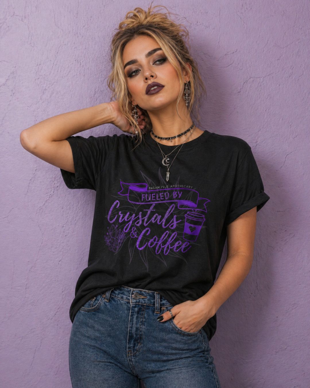 Model wearing a black crystal shirt styled as witch clothing, featuring a spiritual t shirt design with crystals and coffee graphic