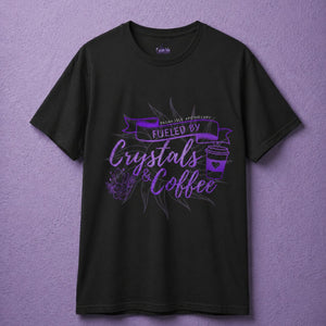 Black witch clothing crystal shirt flat lay with detailed spiritual t shirt graphic featuring crystals and coffee illustration