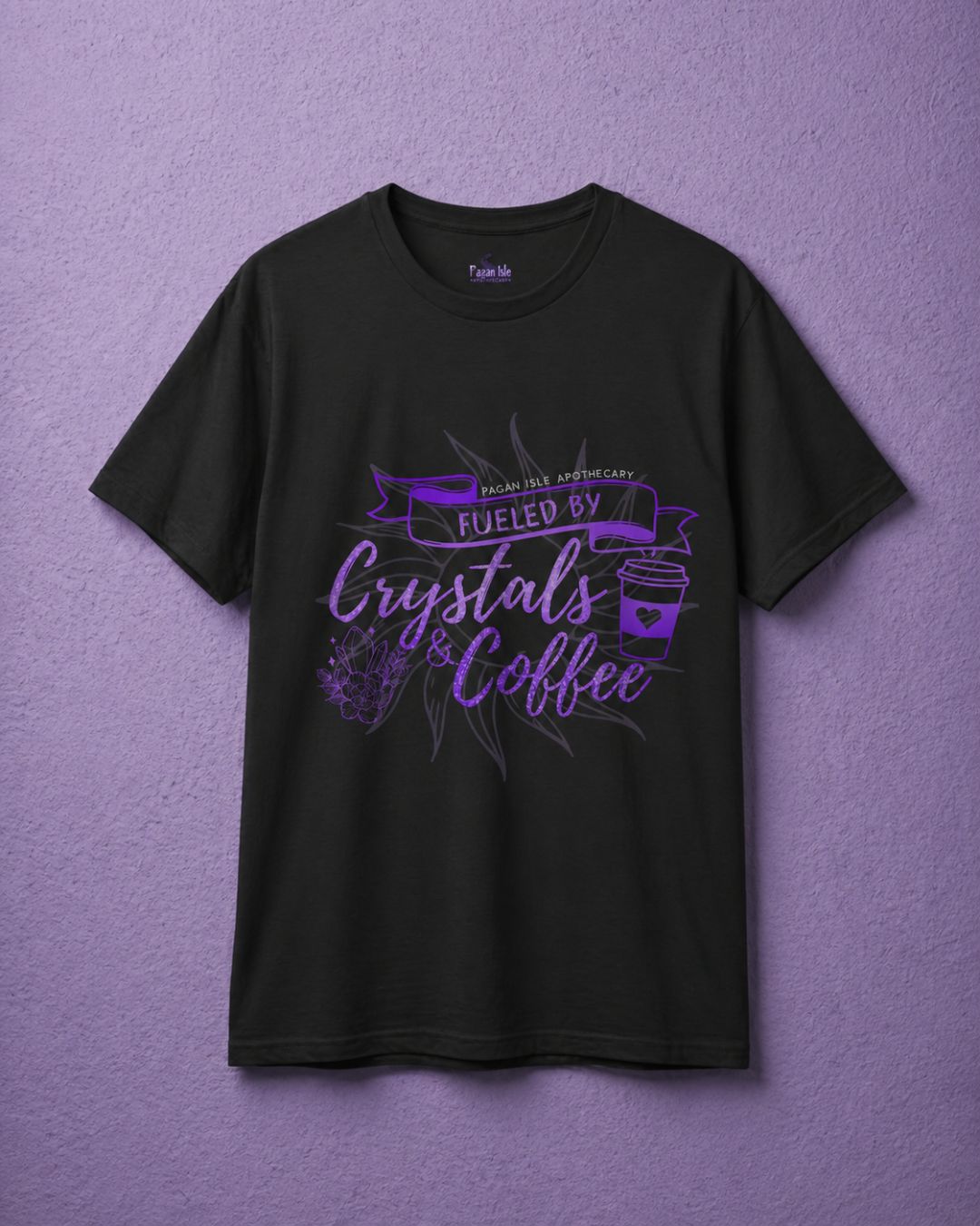 Black witch clothing crystal shirt flat lay with detailed spiritual t shirt graphic featuring crystals and coffee illustration