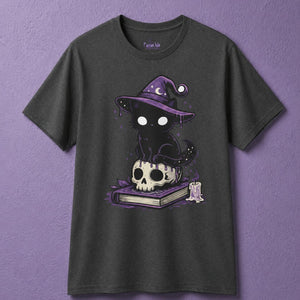 Dark heather witchy t shirt featuring cute witch shirt design with black cat, skull, candle and book