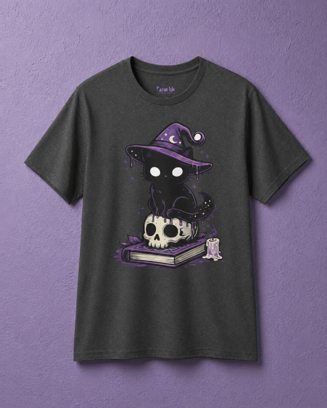 Dark heather witchy t shirt featuring cute witch shirt design with black cat, skull, candle and book