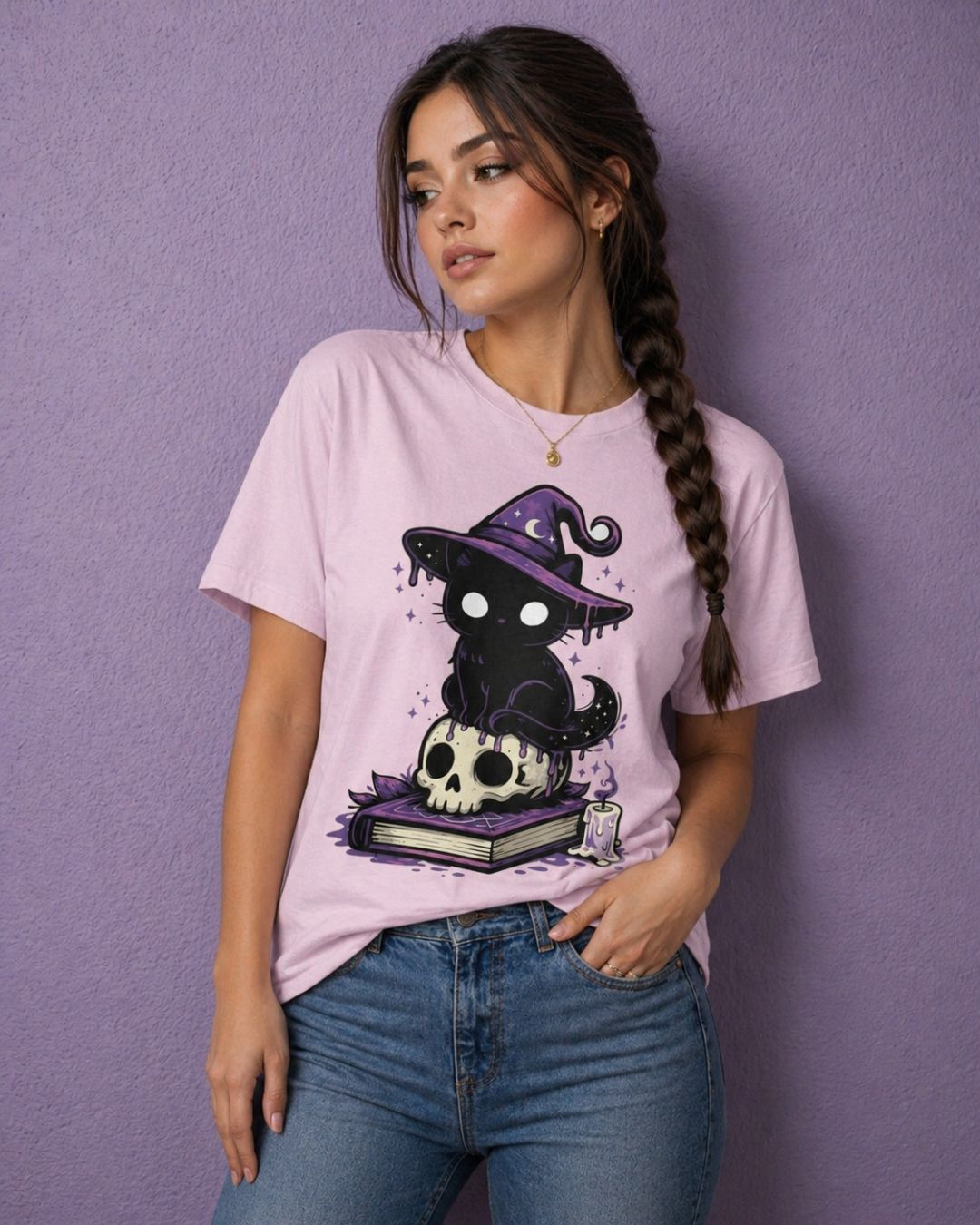 Woman wearing pink witchy t shirt with cute witch shirt design featuring black cat on skull and book