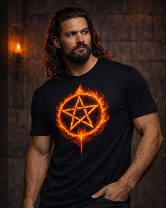 Model wearing the Flamebound Pentacle t-shirt featuring a fiery pentacle design inspired by elemental fire magic, styled in a moody studio setting.