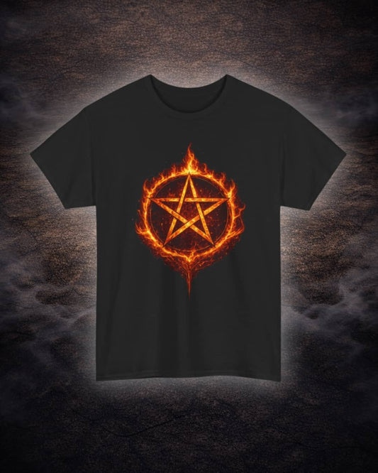 Flat lay of the Flamebound Pentacle t-shirt showcasing the bold fire-inspired pentacle graphic on a dark background.