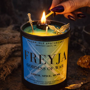 Freyja crystal candle featuring sacred crystals, created for passion, protection, and Norse-inspired magic.