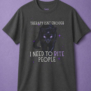 Dark heather witchy t shirt with black cat shirt graphic and funny gothic quote design