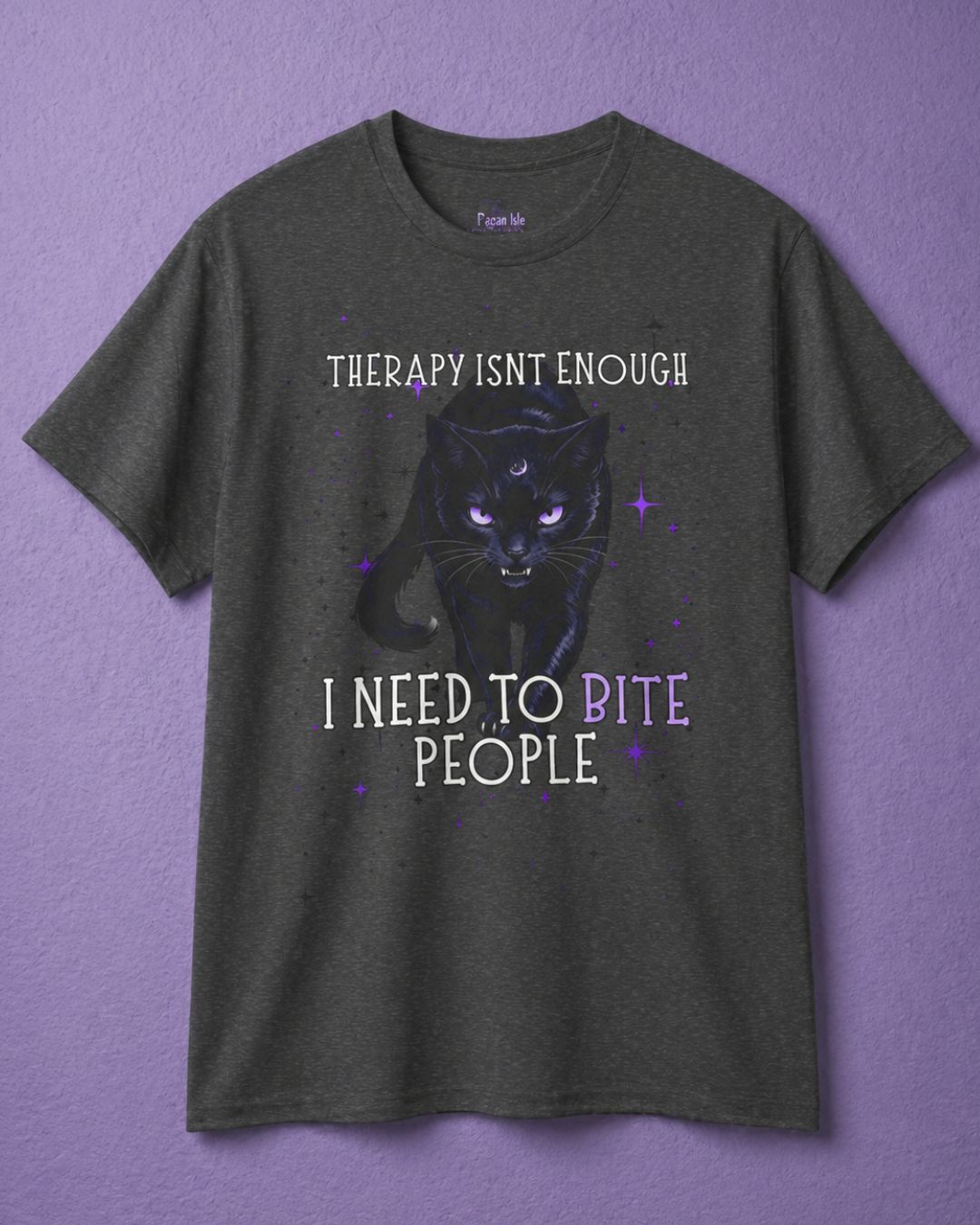 Dark heather witchy t shirt with black cat shirt graphic and funny gothic quote design
