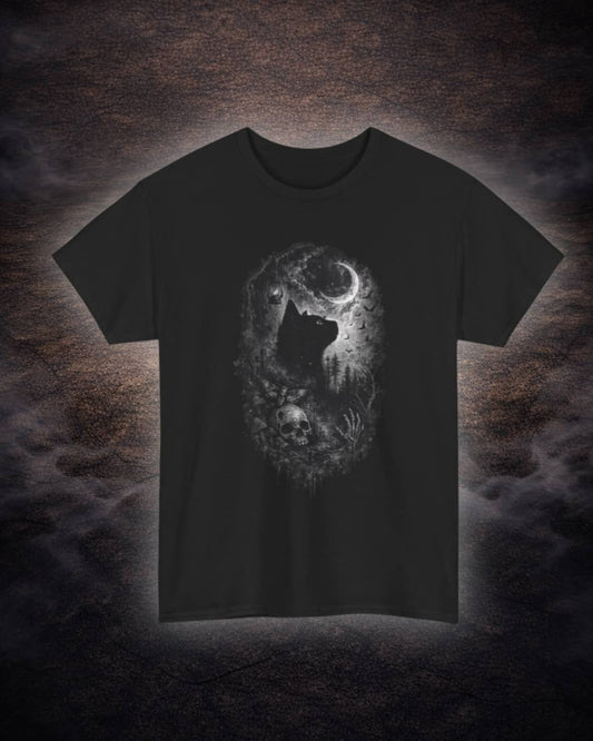 Flat lay of the Graveyard Familiar t-shirt showcasing the eerie witchy familiar graphic on a dark background with moody tones.