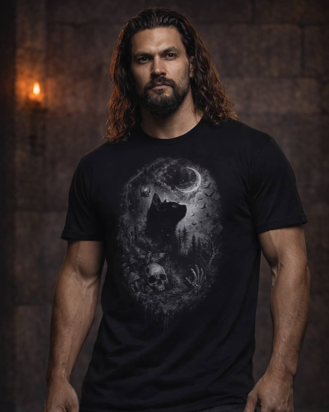 Model wearing the Graveyard Familiar t-shirt featuring a spooky familiar-inspired witchy design, styled in a dark, atmospheric studio setting.