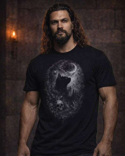 Model wearing the Graveyard Familiar t-shirt featuring a spooky familiar-inspired witchy design, styled in a dark, atmospheric studio setting.