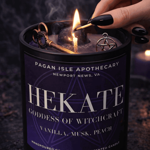 Hekate crystal candle infused with sacred crystals, designed for witchcraft, protection, and liminal rituals