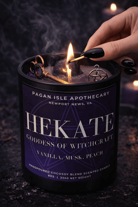 Hekate crystal candle infused with sacred crystals, designed for witchcraft, protection, and liminal rituals