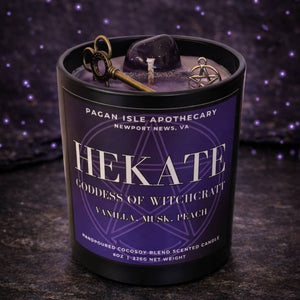 Hekate deity crystal candle representing witchcraft, crossroads, and spiritual guidance, crafted with crystals and dark magical symbolism for altar work.