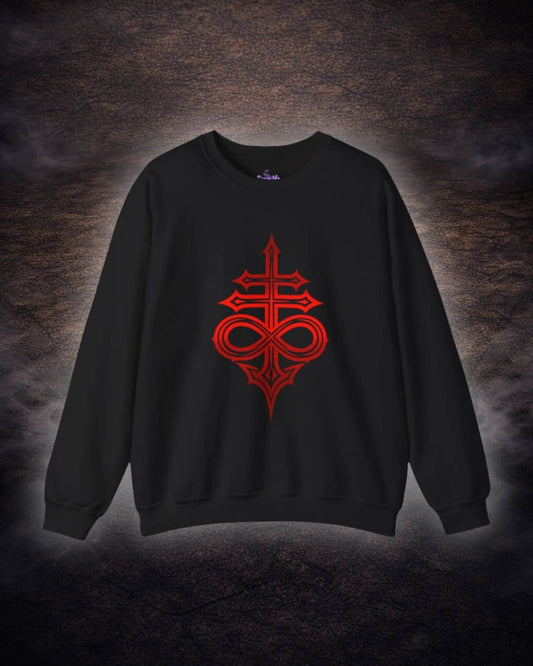 Flat lay of the black Leviathan Cross sweatshirt highlighting the bold occult sigil graphic on a dark background.