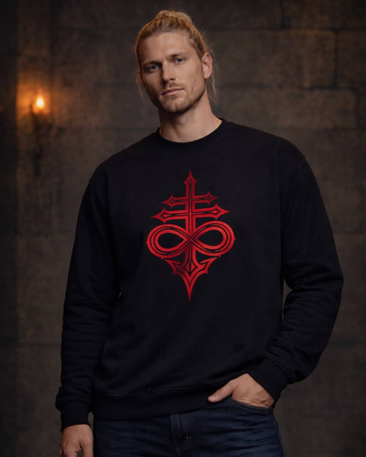 Model wearing the black Leviathan Cross sweatshirt featuring the occult Leviathan cross sigil in a dark, moody studio setting.
