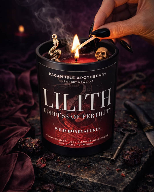 Lilith crystal candle infused with powerful crystals, made for autonomy, confidence, and dark feminine energy.
