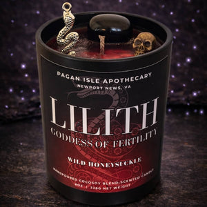 Lilith deity crystal candle honoring independence and feminine power, designed with bold mystical elements and crystals for empowerment rituals.